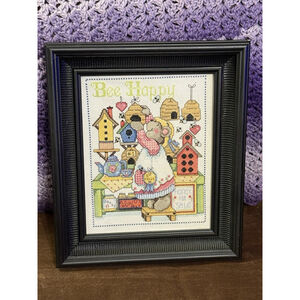 “Bee Happy” Cross Stitch Framed Completed Bee Hive, Mouse Honey 11 X 13”